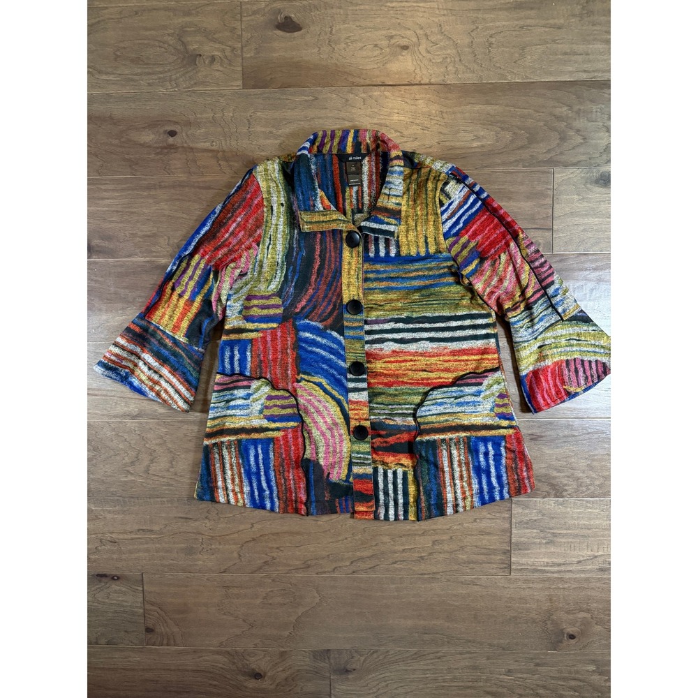 Ali Miles Women Medium Abstract Multi Color Button Front Jacket Bell Sleeve Coat